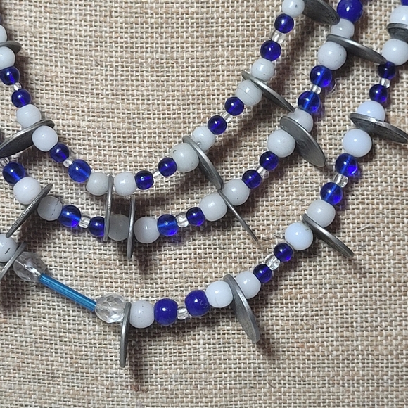 Otavalo 3 Strand Trade Bead Glass & 5 Centavo Coins Necklace Blue & White 24" - Picture 11 of 14